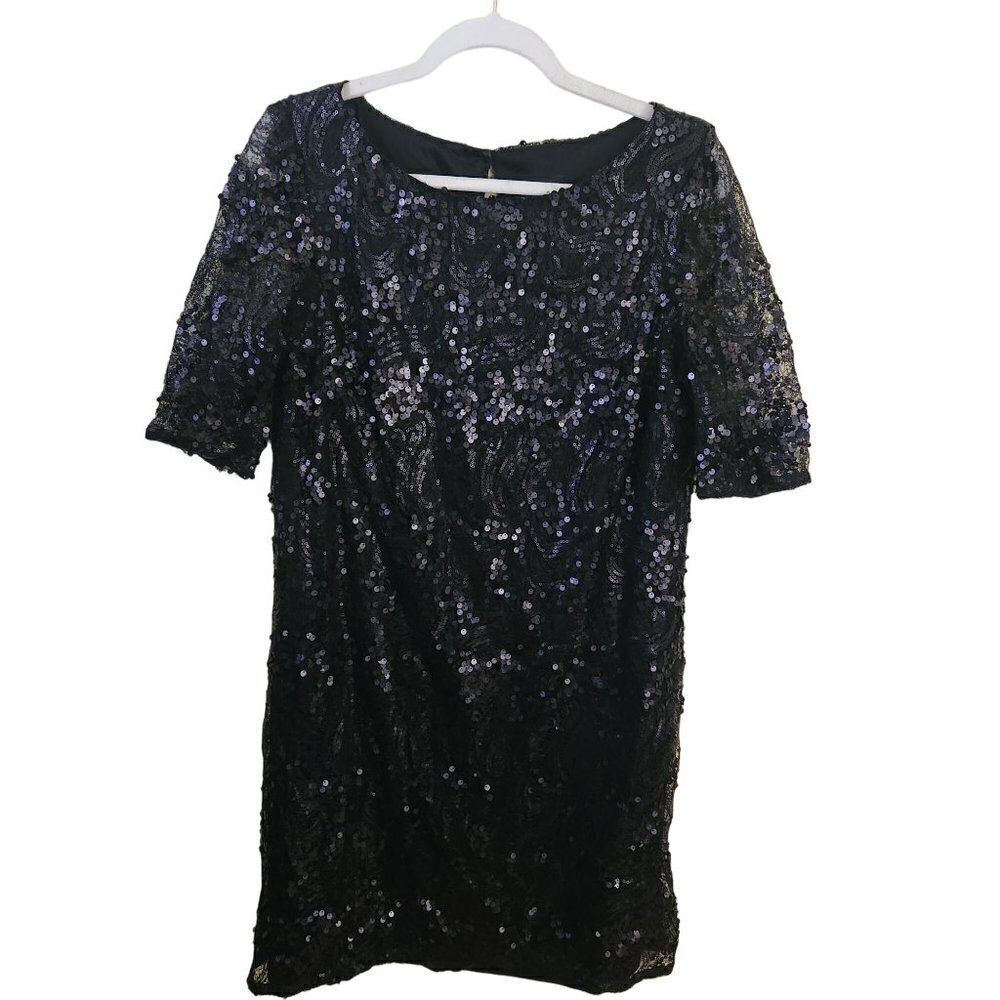 JAX Black Sequin Sheer Sleeve Sheath Dress Size 14